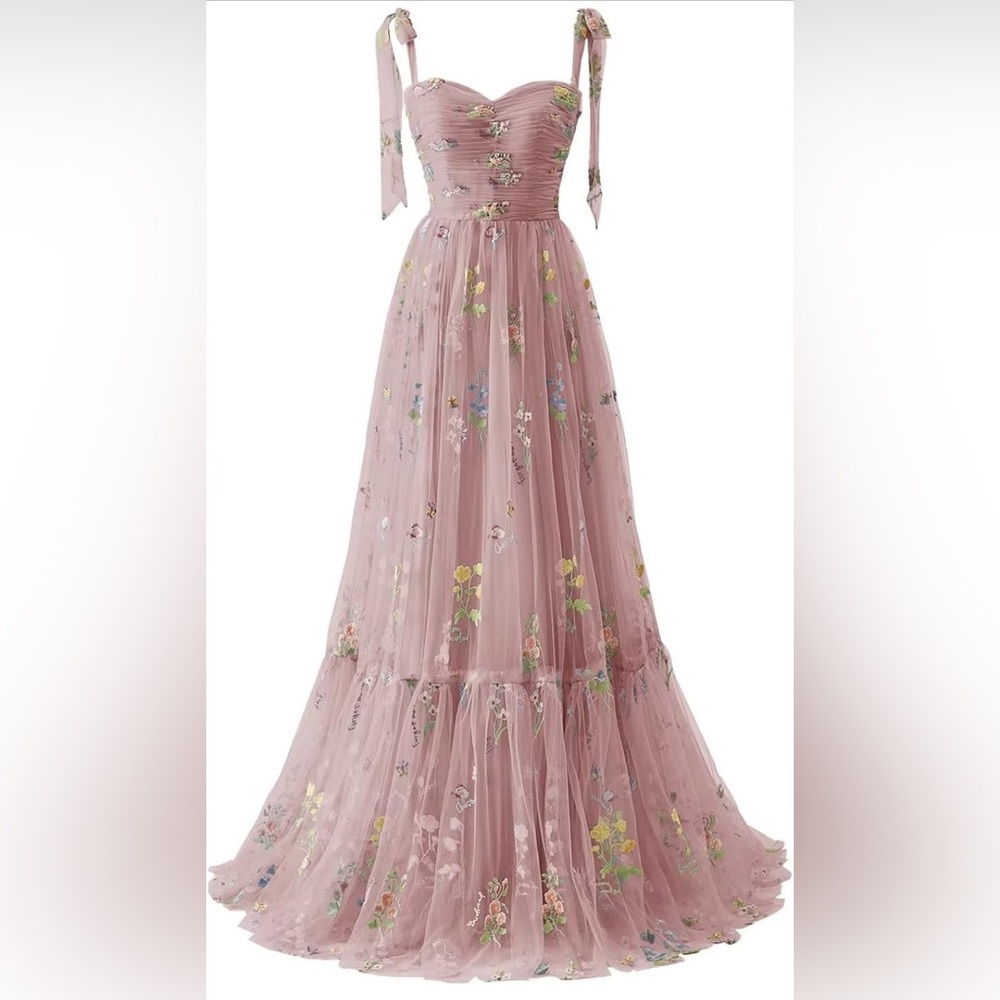 Pink floral tulle embroidered ball gown